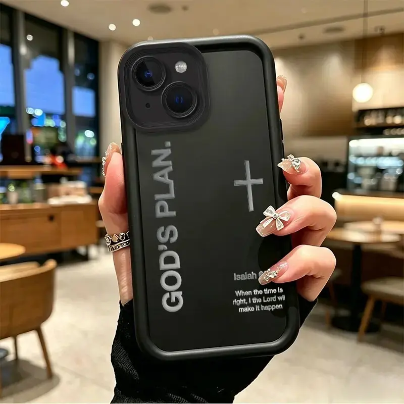 TPU Cellphone Casing for iPhone 13/13mini/14/14plus/15/15plus, God's Plan Cross Isaiah Verse Design, Full Cover Shockproof Resistance Protector with Celestial Eye Layer, Silicone Button-Accented Handheld Device Accessory, BOJTN2TU