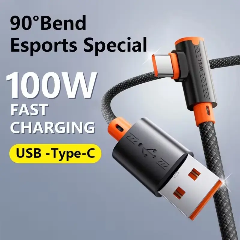 100w Fast Charging USB-C Data Cable, 90 Degree Right Angle Type-C Cable, Durable Braided Gaming Cable, for Phone, Tablet, Laptop
