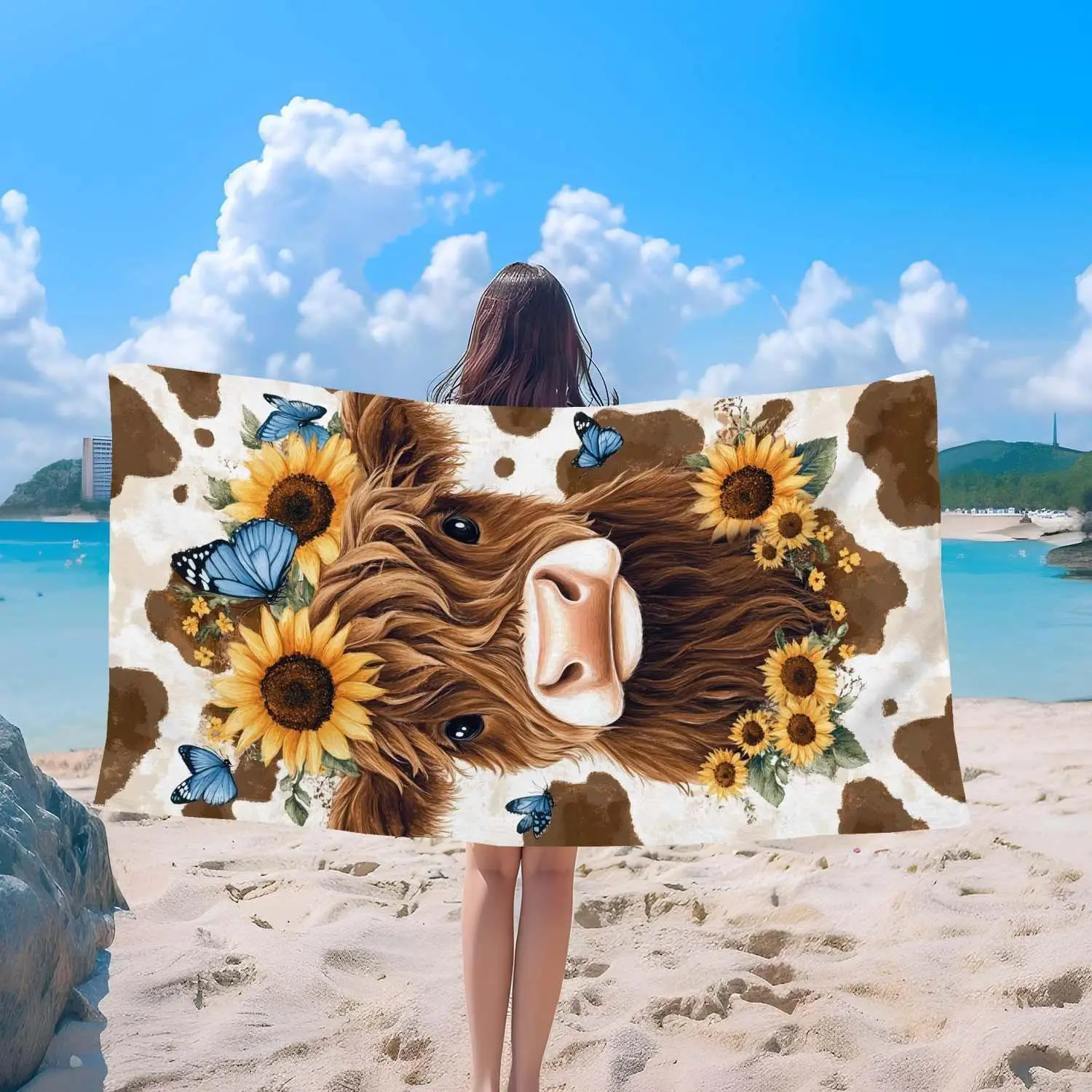 Highland Cow & Sunflower Animal Print Beach Towel - Single Extra Large Polyester Microfiber, Soft, Quick-Dry, Durable, Portable, Retro Glam for Beach, Poolside
