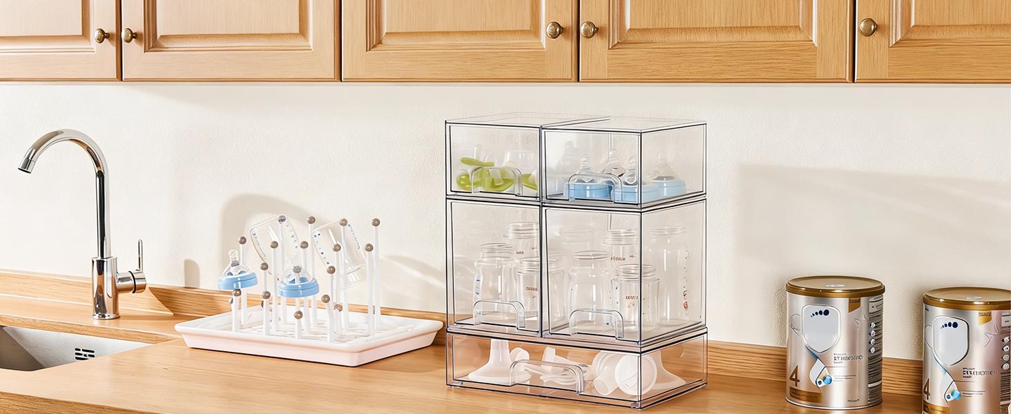 Stackable Storage Drawers Set of 5, Clear Plastic Organizer Bins for Bottle, Beauty Supplies Storage, Ideal for Kichen Countertop, Vanity, Bathroom, Cabinet, Pantry Organization