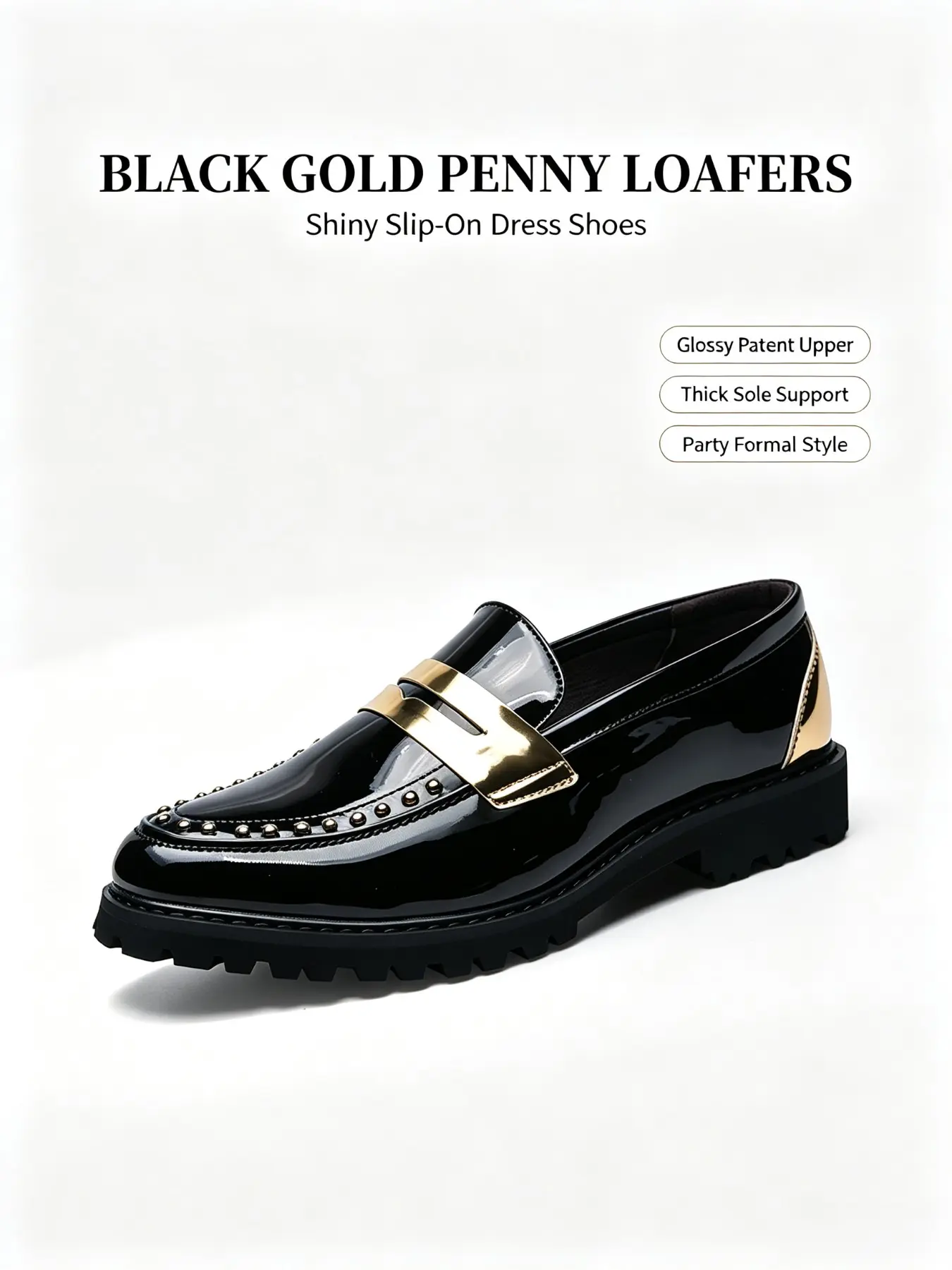 Men's Glossy Leather Buckle Loafers, Fashionable Loafers, Thick Sole, Anti-Slip, Casual Street Fashion, Versatile Party Shoes