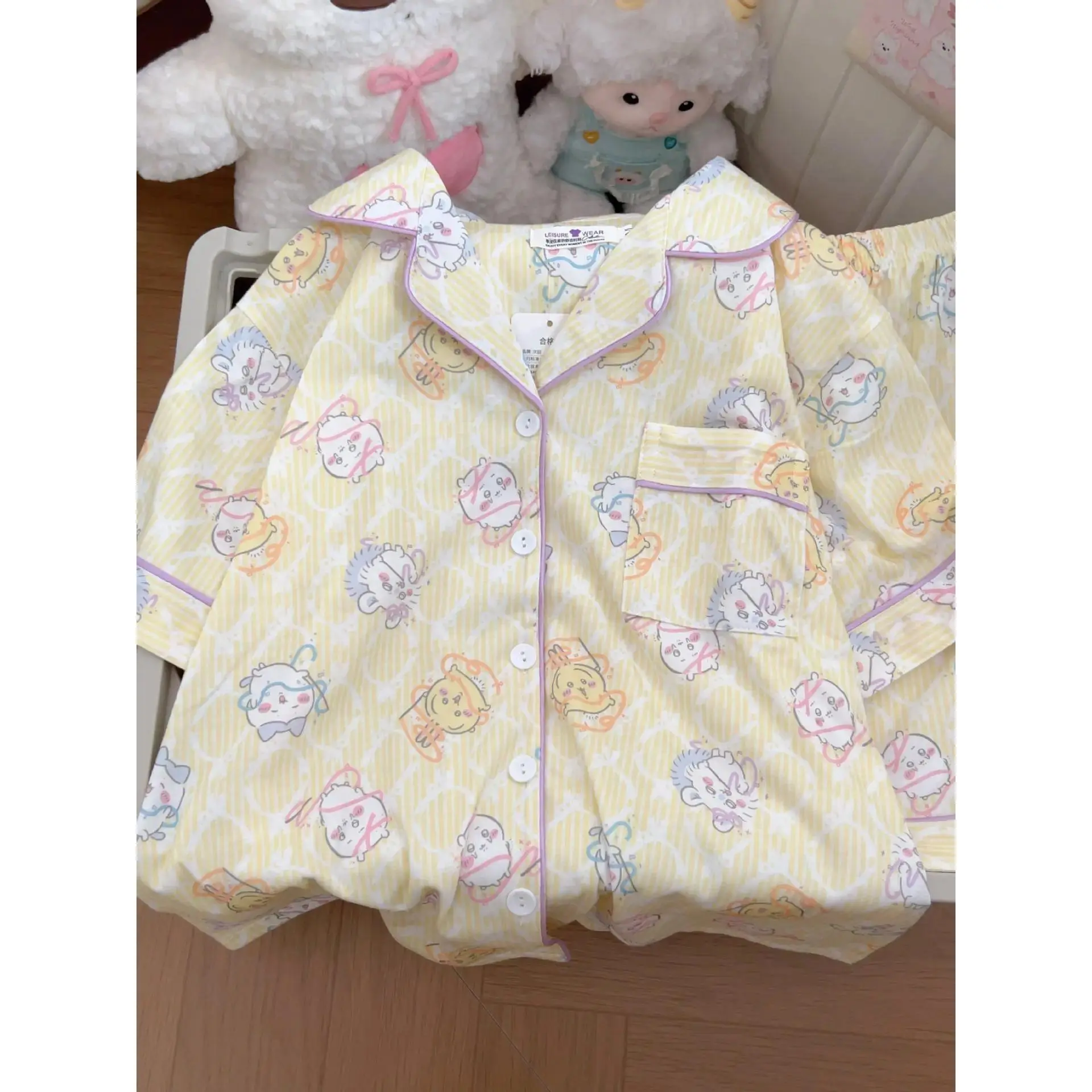 Cartoon Y2K Anime Usag Hachiware Round Neck Loose Long-Sleeved Shirt Pants Cute Pattern Household Clothes Summer Thin Pajamas