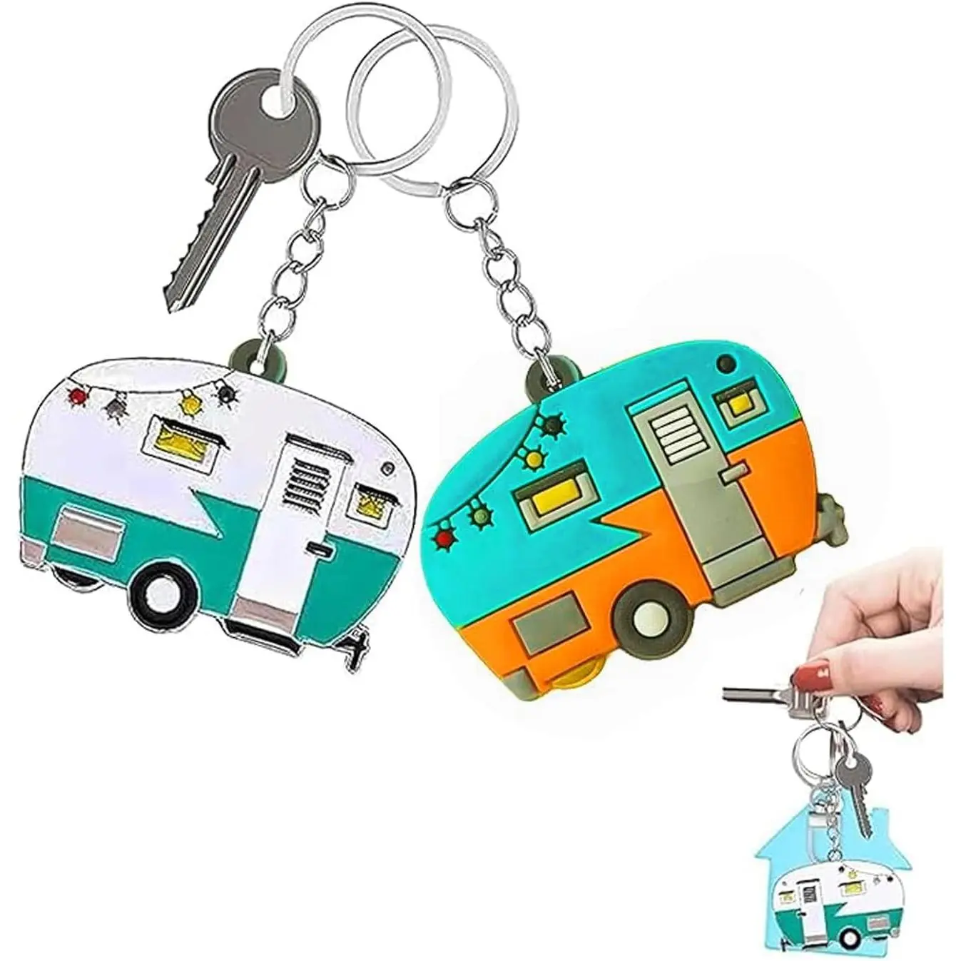 Summer Camping 2 Pack Camper Keychain Set Happy RV Camper Keyring Couples Camping Accessories for Men Women Travel Trailers