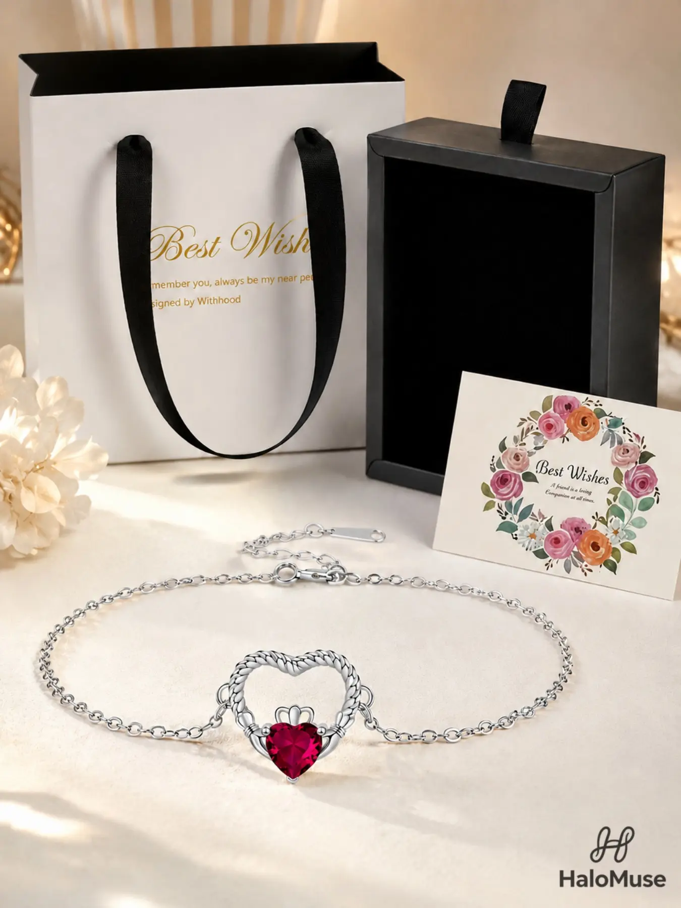 Halo Muse 1 Set Irish Claddagh Red Heart Diamond Bracelet Drawer Gift Box Set, Retro Protection Vibe, Twisted Crown Heart Adjustable Bracelet with Card, Birthday Gift for BFF, Daily Versatile Jewelry