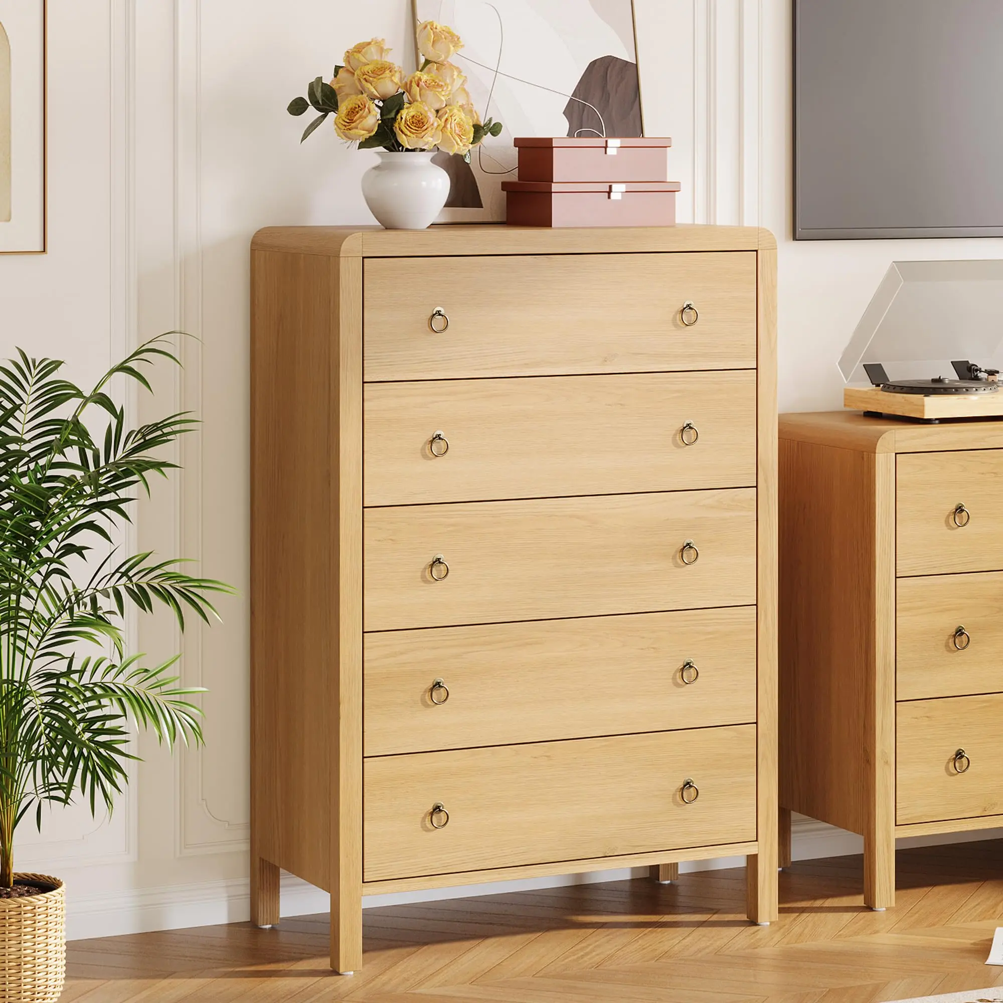 Garvee Natural 5 Drawer Dresser, Modern Closet Dressers Chest of Drawers, Wood Storage Dresser Chest of Drawers Clothes Organizer for Bedroom Living Room Hallway Closet