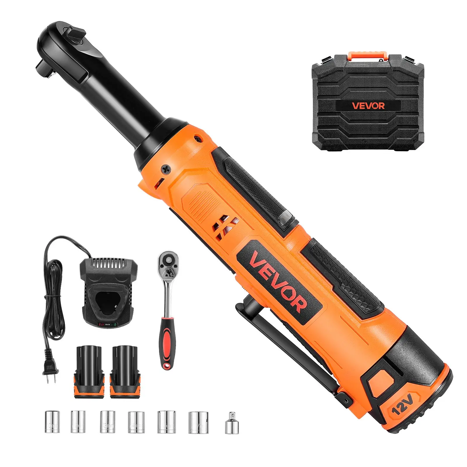 toolupgrade Cordless Ratchet Wrench Set, 3/8 in Drive, 230 RPM, 33 ft-lb Torque, Battery-Powered Electric Wrench with 2x 2.0Ah Batteries, Charger, Sockets, Adaptor, Carrying Case
