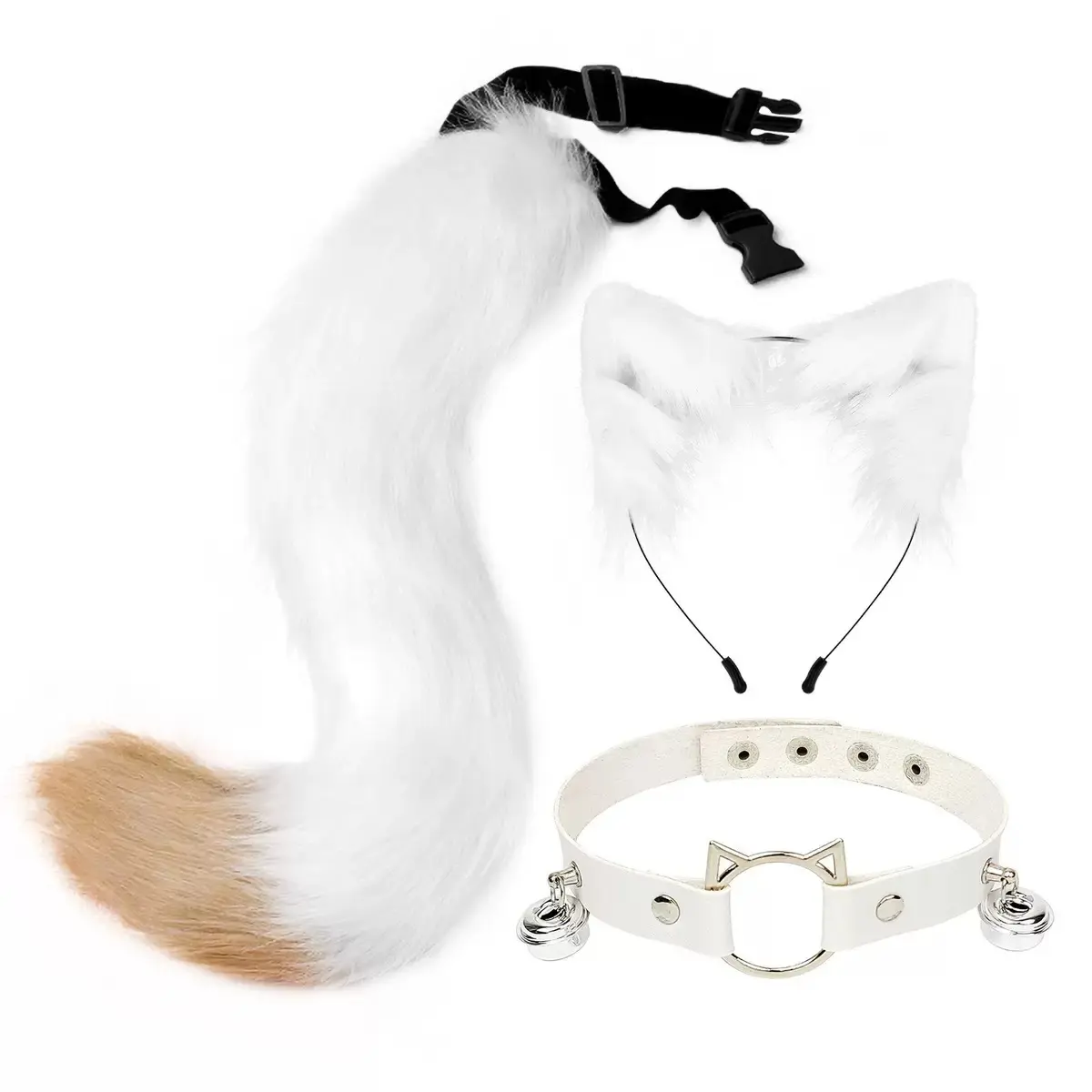 Cosplay plush animal ears and tail set, anime-style fox ears, wolf ears, headband, tail accessories, head bell, collar