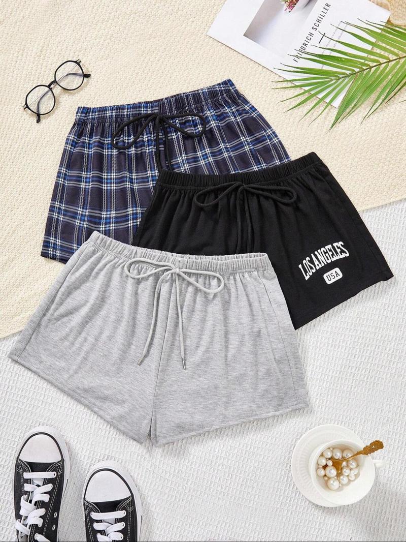 Women's 3pcs Elastic Waist Sleep Shorts, Casual Comfy Pajama Drawstring Waist Sleeping Shorts for Daily Indoor Wear, Women's PJ Bottoms for All Seasons, Summer Outfits 2024