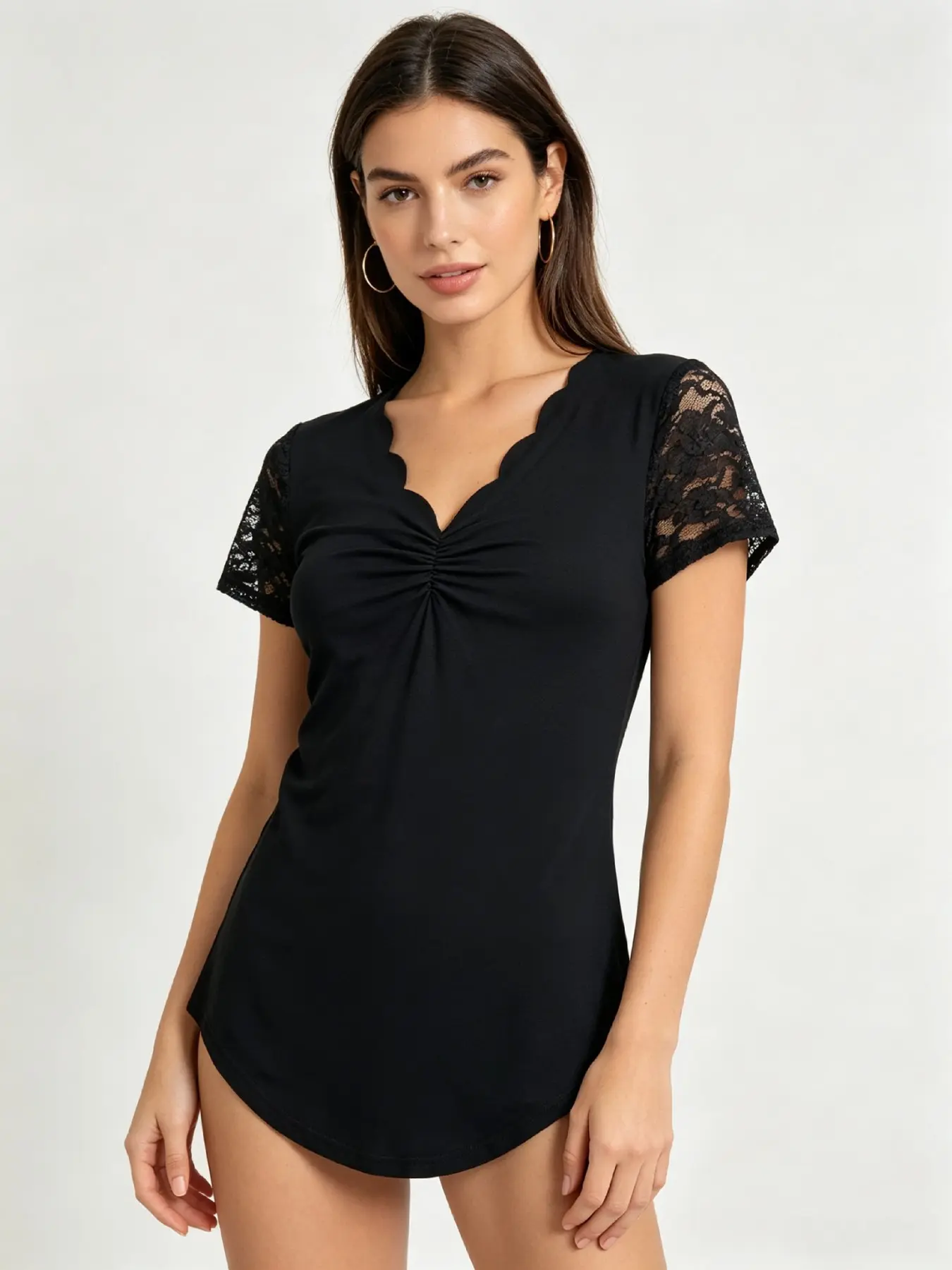 Women's Chic Solid Color Lace Patch V-Neck T-Shirt, Short Sleeve Casual Top, Petite Friendly, Summer Wear, Hollow Out Design with Decorative Buttons