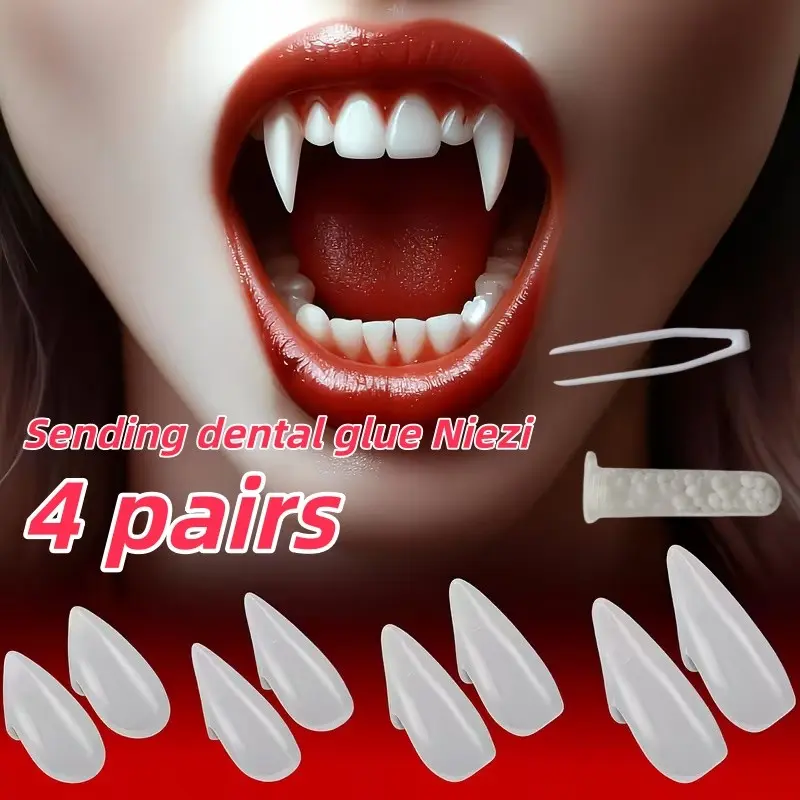 4 Pairs Vampire Teeth with Adhesive False Teeth, Halloween Party Props, Fool's Day Funny Vampire Teeth, Zombie Teeth Makeup Accessories, Halloween Dentures