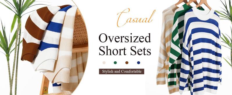 【XL-5XL】Imily Bela Curve Womens Plus Size Lounge Sets Striped Knit 2 Piece Sweater Set Long Sleeve Tops and Shorts Oversized Outfits