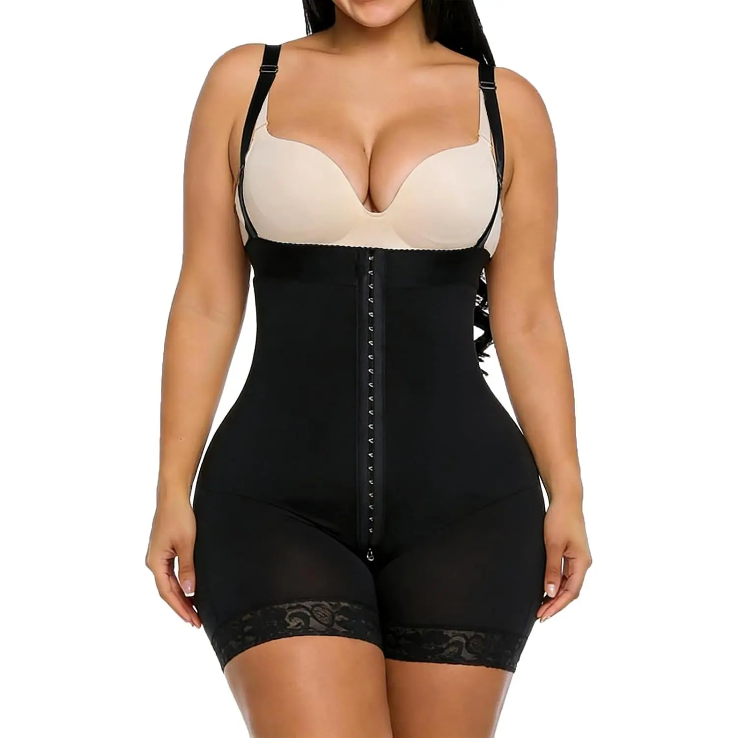 Fajas Colombianas Tummy Control Shapewear Under Bust Body Shaper | Lace Trim Compression Shapewear, Adjustable Straps, Buttocks Lifter, Thigh Slimmer, Zipper Crotch, Perfect for Under Dress