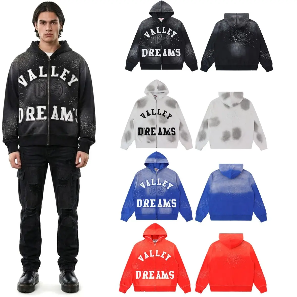 VALE Vintage Washed Zip Up Hoodie, Rhinestone Starry Sky Design, Chenille Letter Patch Full-Zip Jacket, Y2K Hip Hop Oversized Unisex Heavyweight Sweatshirt, Distressed Streetwear Coat Available in 4 Colors for Daily Outfits & Music Festivals