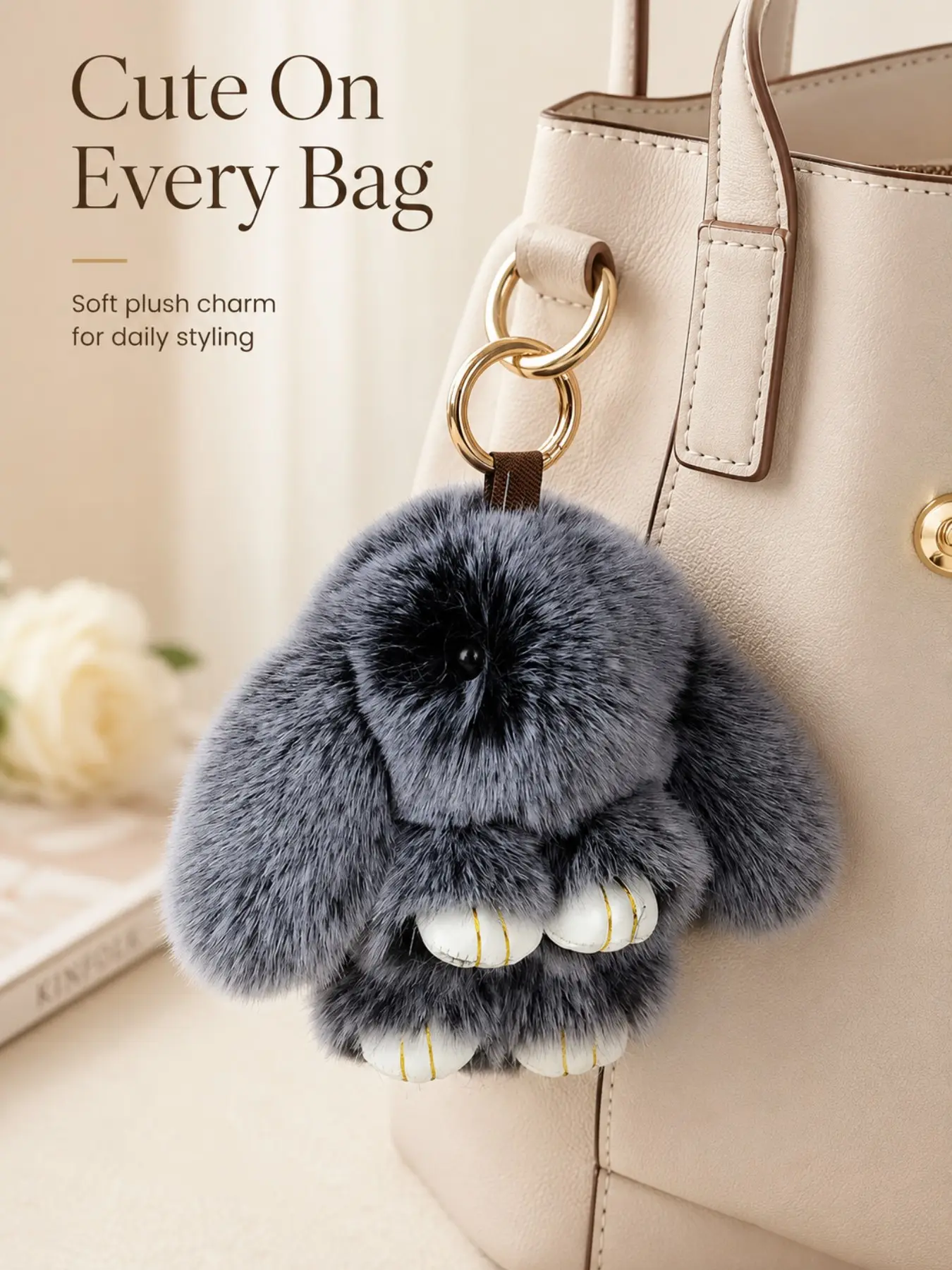 Cute Soft Plush Cartoon Fluffy Bunny Charm Faux Rex Rabbit Fur Lop Eared Bunny Keychain, Stuffed Animal Keychain, Cute Backpack Decor Pendant with Gold Metal Key Ring, Valentine Christmas Small Souvenir Gift for Girls & Female Friends