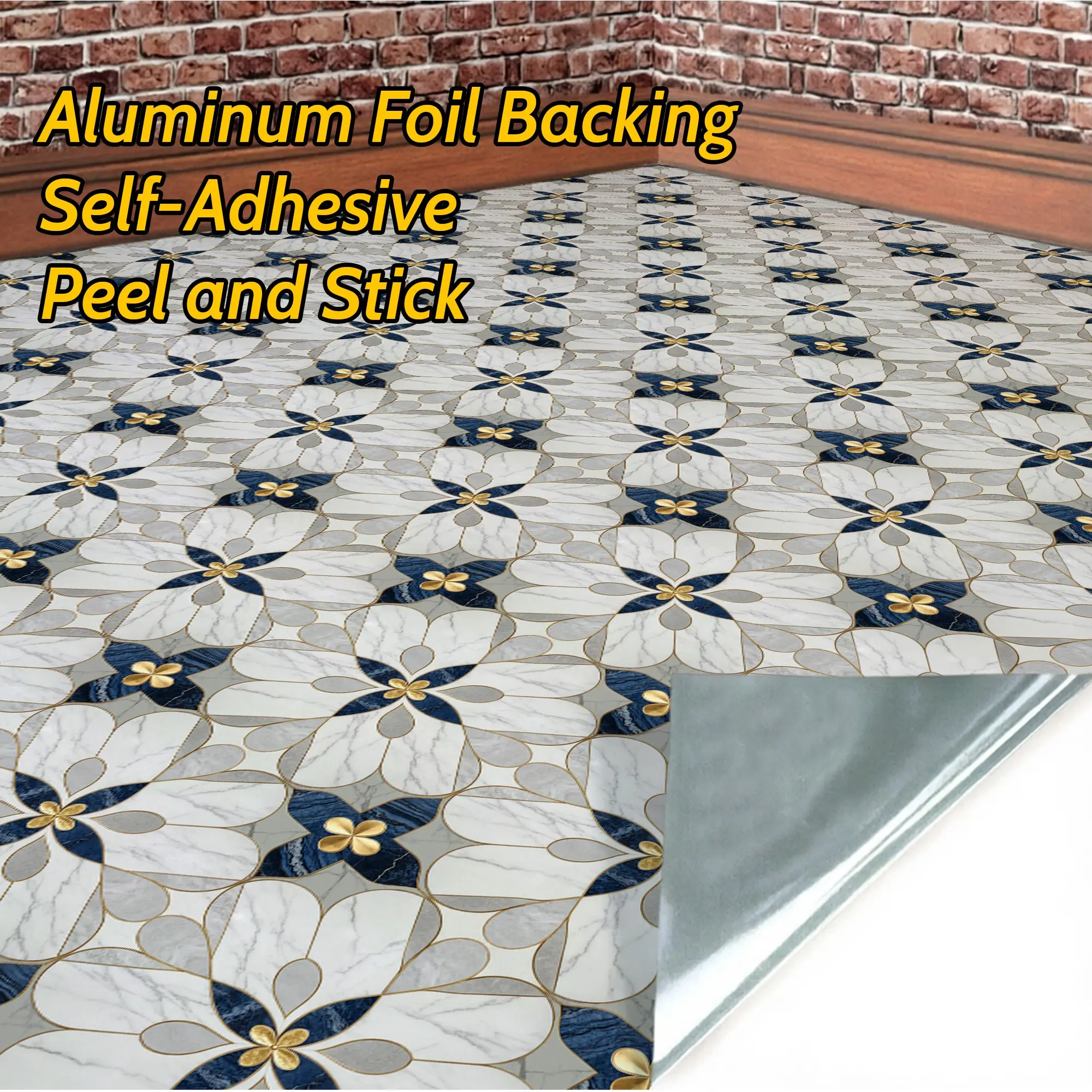 Self-Adhesive Marble and Gold Flower Floor Stickers, Waterproof, Easy Clean, Peelable, for Bathroom, Bedroom, Kitchen, Vinyl Floor Decals