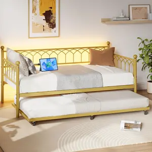 Garvee Twin Daybed with Trundle, Charging Station, and LED Lights - Heavy Duty Metal Frame with Steel Slat Support for Living Room, Bedroom, Apartment - Gold Finish