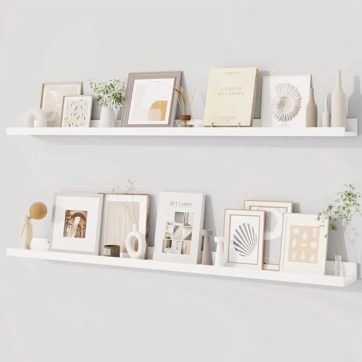 Picture Ledge Shelf for Wall, Floating Shelves Set of 2, 48 Inch Long Floating Shelves with Lip for Living Room, Bedroom, Bathroom, Kitchen, White