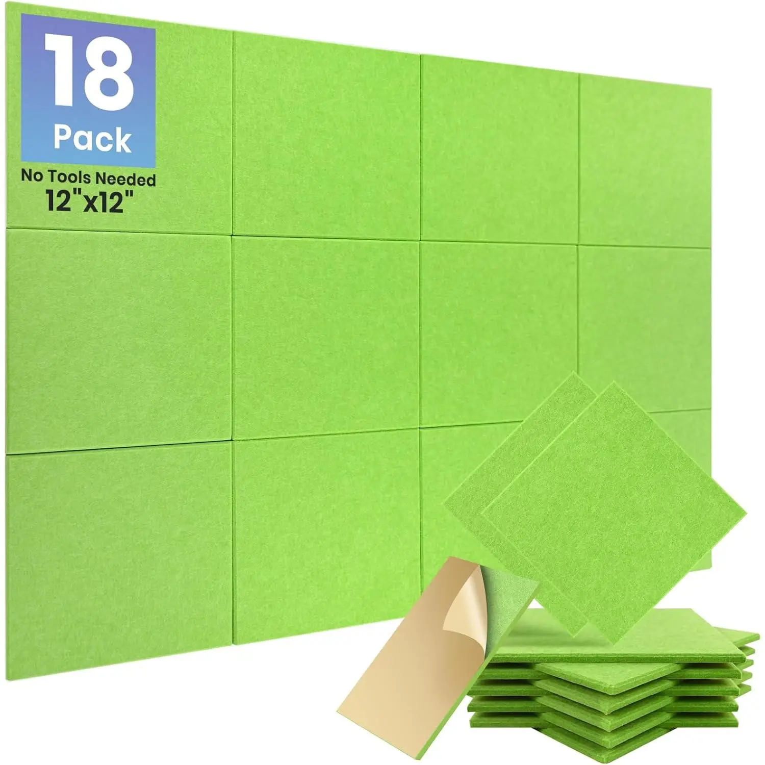 18 Pack Sound Proof Panels for Walls, Self-Adhesive Acoustic Panels Sound Absorbing, 12" X 12" X 0.4" High Density Green Square Soundproof Wall Panels