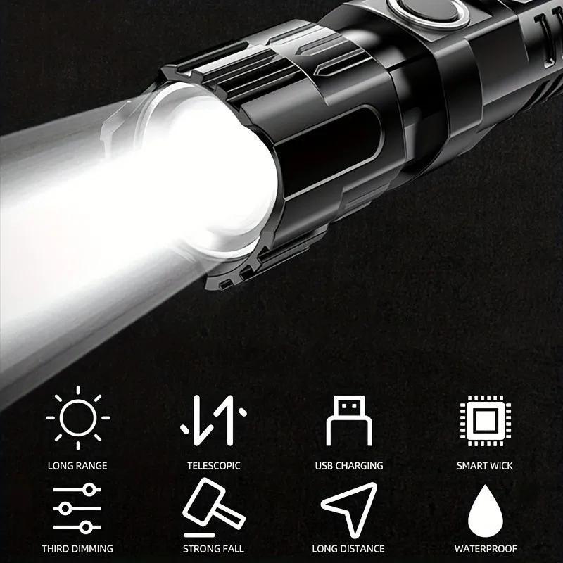 USB Rechargeable LED Flashlight, 1 Count Portable Zoom Flashlight, Multifunctional LED Flashlight for Camping, Hiking, Outdoor Camping Lighting