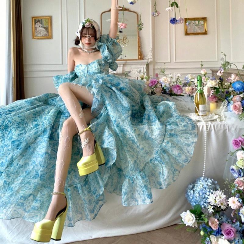 Puff Sleeve Dress French Style Puffy Dress Irregular Ruffle Princess Fairy Forest Floral Dress Birthday Gown