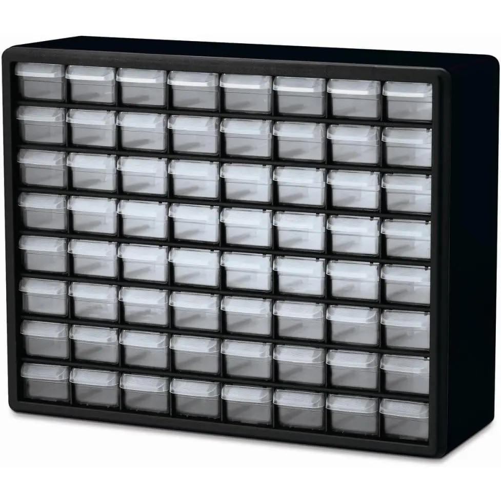 64-Drawer Plastic Drawer Storage Cabinet for Garage Organization, Bead Organizer, Building Bricks Storage, Teacher Toolbox, Makeup Organizer, 20" W x 6" D x 16" H, 10764 Black, Classroom