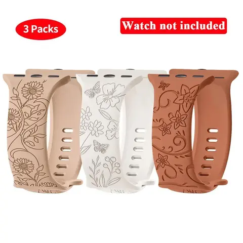 Flower Pattern Silicone Watch Band, 3 Counts Comfortable Breathable Silicone Wristband, Replacement Watch Band for Apple Watch Smartwatch Strap, Smart Watch Straps, Smart Watch Accessories (Band Only)