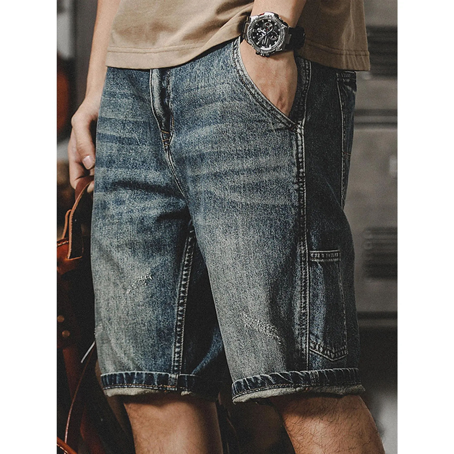 Men's High Cotton Vintage Washed Denim Shorts, Y2K Streetwear Distressed Casual Summer Bottoms, High Street Fashion Staple