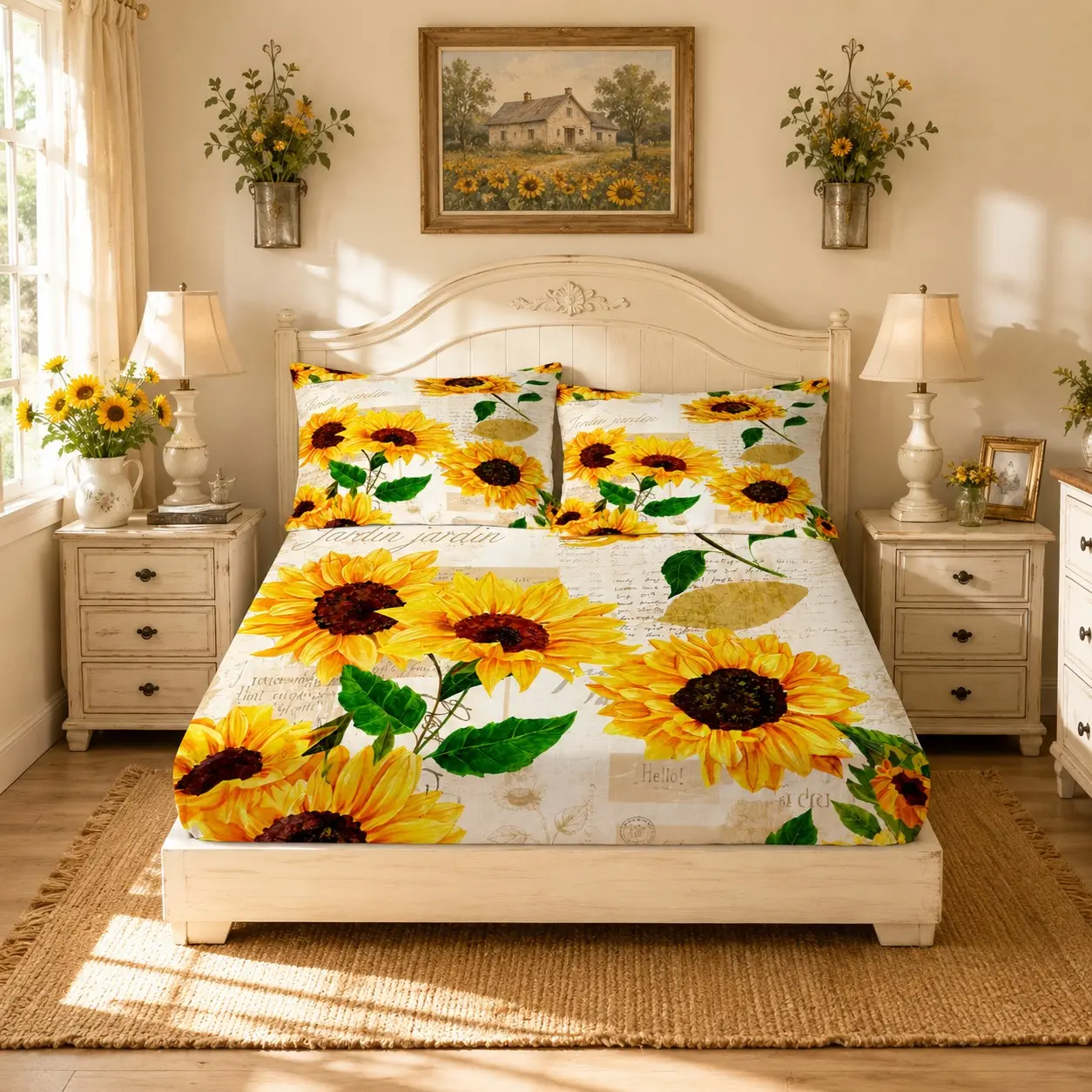 Vintage Sunflower Fitted Sheet Set, 3-Piece Bedding Set (1 Fitted Sheet + 2 Pillowcases, No Pillow Inserts), Retro Farmhouse Style Deep Pocket Bedding, Ideal Bedroom Decor & Gift for Sunflower Lovers, Suitable for Teens & Adults