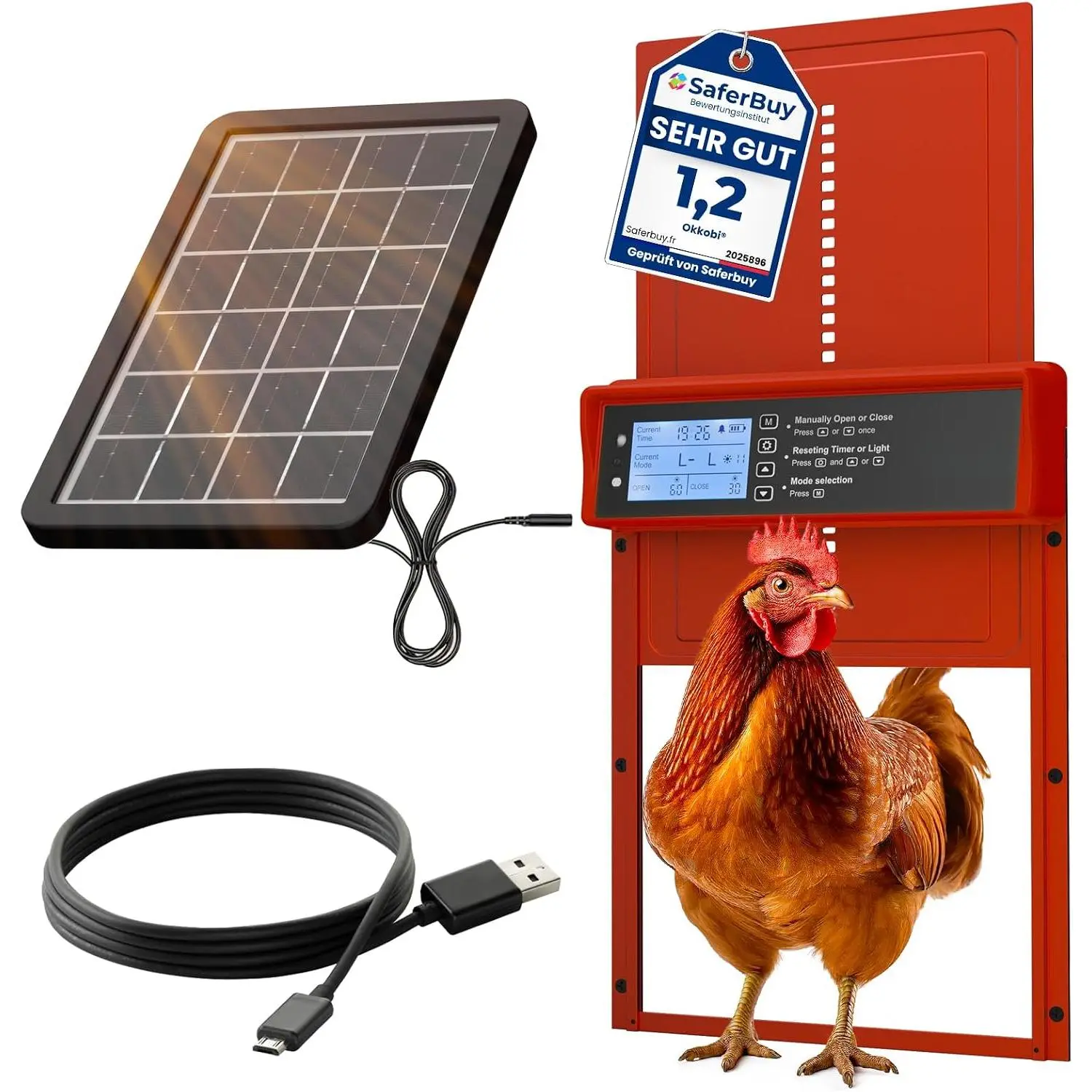 Automatic Chicken Coop Door Solar Powered - LCD Display - Chicken Coop Door with Remote Control, Light Sensor & Timer - Security & Peace of Mind: Anti-Pinch Function - 5-Year Protection - Red