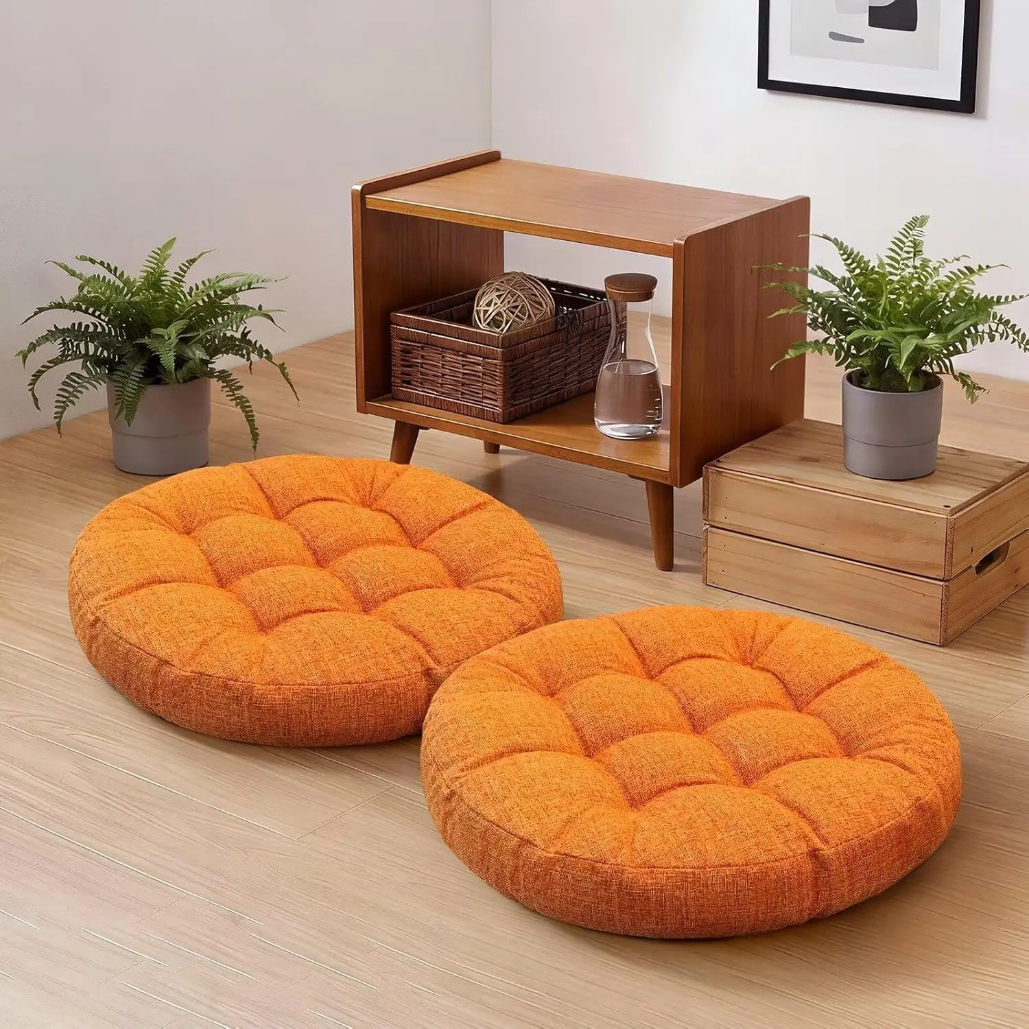 Set of 2 Round Floor Cushion Large Orange Seat Pillows Seating Pad for Adults Tufted Meditation Cushion for Living Room Tatami Bedroom 18.8 x 18.8 Inch