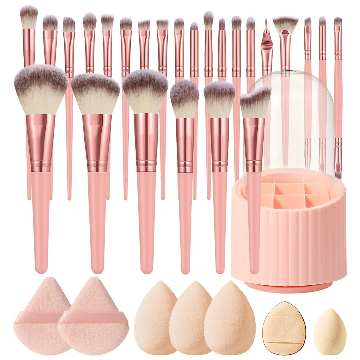33-Piece Makeup Tool Set, Includes 25 Brushes, Storage Bucket, Triangle Powder Pads, Sponge, Mini Sponge, Mini Cushion Foundation