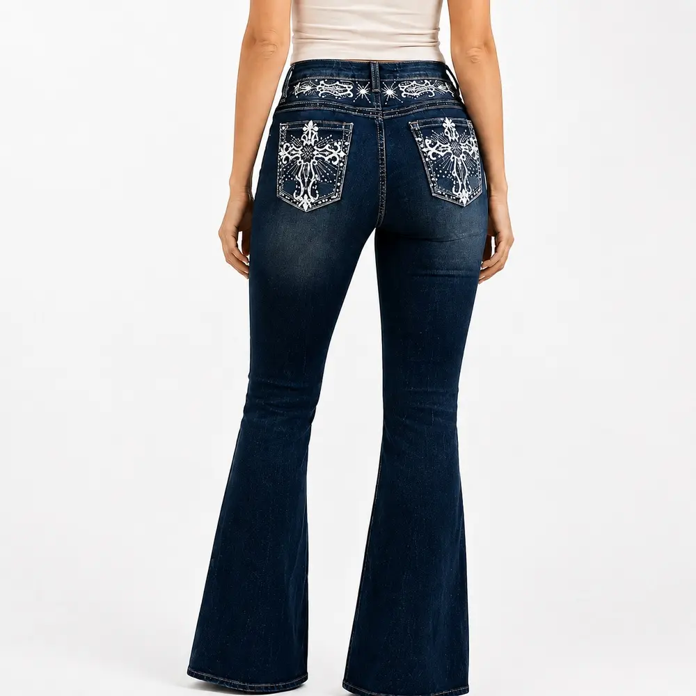 Women High Waist Flare Denim Jeans, Cross Embroidery Rhinestone‑Studded Retro Slim‑Fit Long Denim Pants