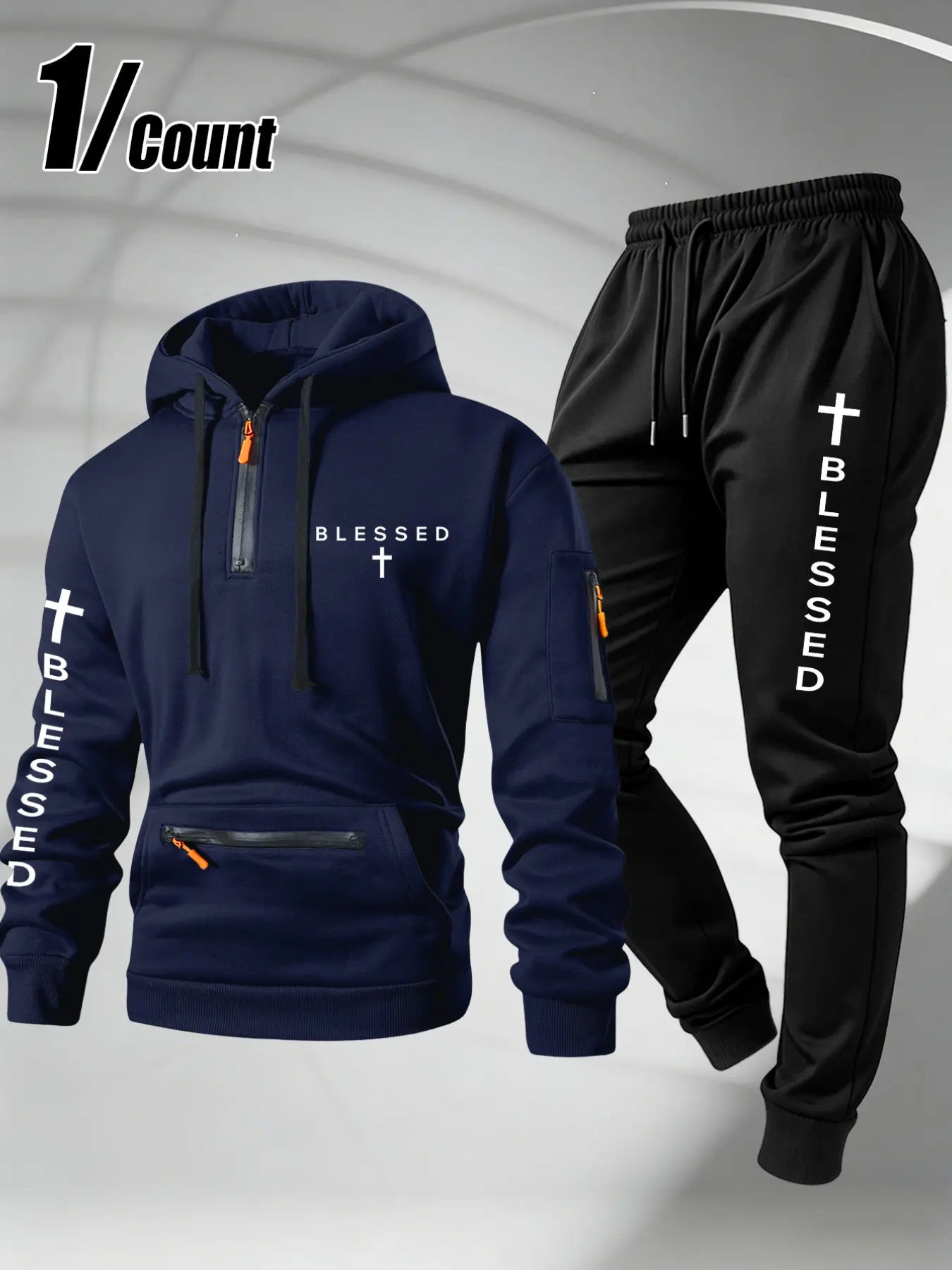Men 2‑Piece Tracksuit Outfit, Half Zip Hoodie & Cuffed Jogger Pants Set, Multi Zipper Pockets Design, Blessed Text Cross Symbol Graphic Print, Casual Sport Sweatsuit For Inspirational Street Aesthetic Male Daily Wear