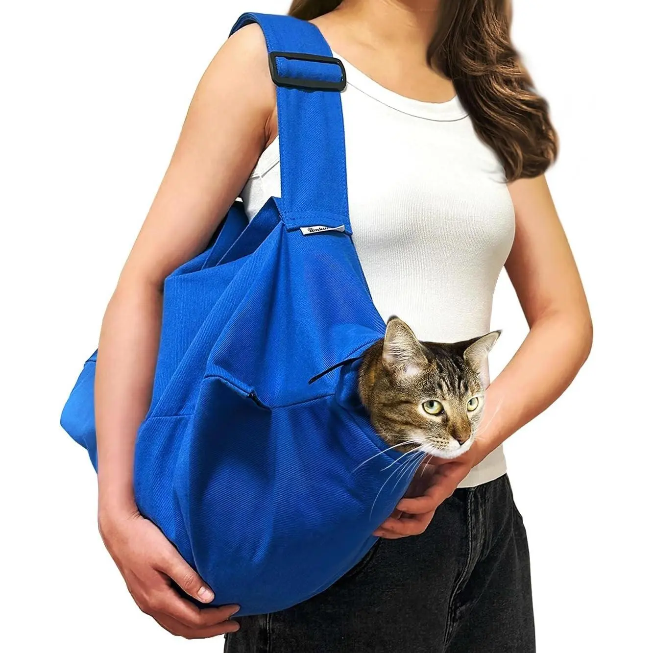 Soft Durable Cotton Cat Carrier Pouch for Medium Cats 10-20 lbs, With Upgraded Adjustable Strap, Suitable for Nail Trimming, Medication & Vet Visits, Klein Blue