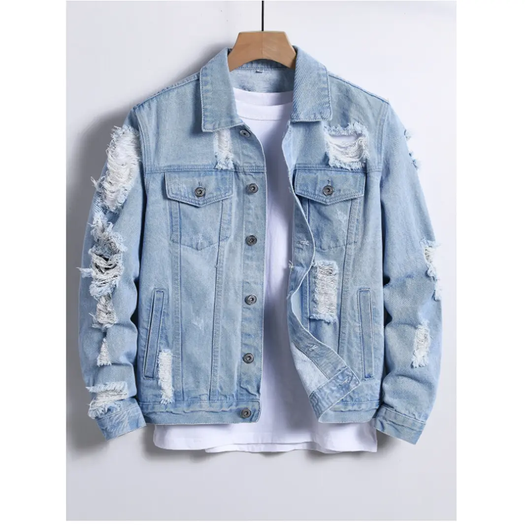 Men's Vintage Light Blue Ripped Denim Jacket, Washed Long Sleeve Button Front Jean Jacket, Casual Regular Fit Trucker Coat with Distressed Details, Classic Streetwear Outerwear for Spring Fall Travel, Daily Outfit and Layering