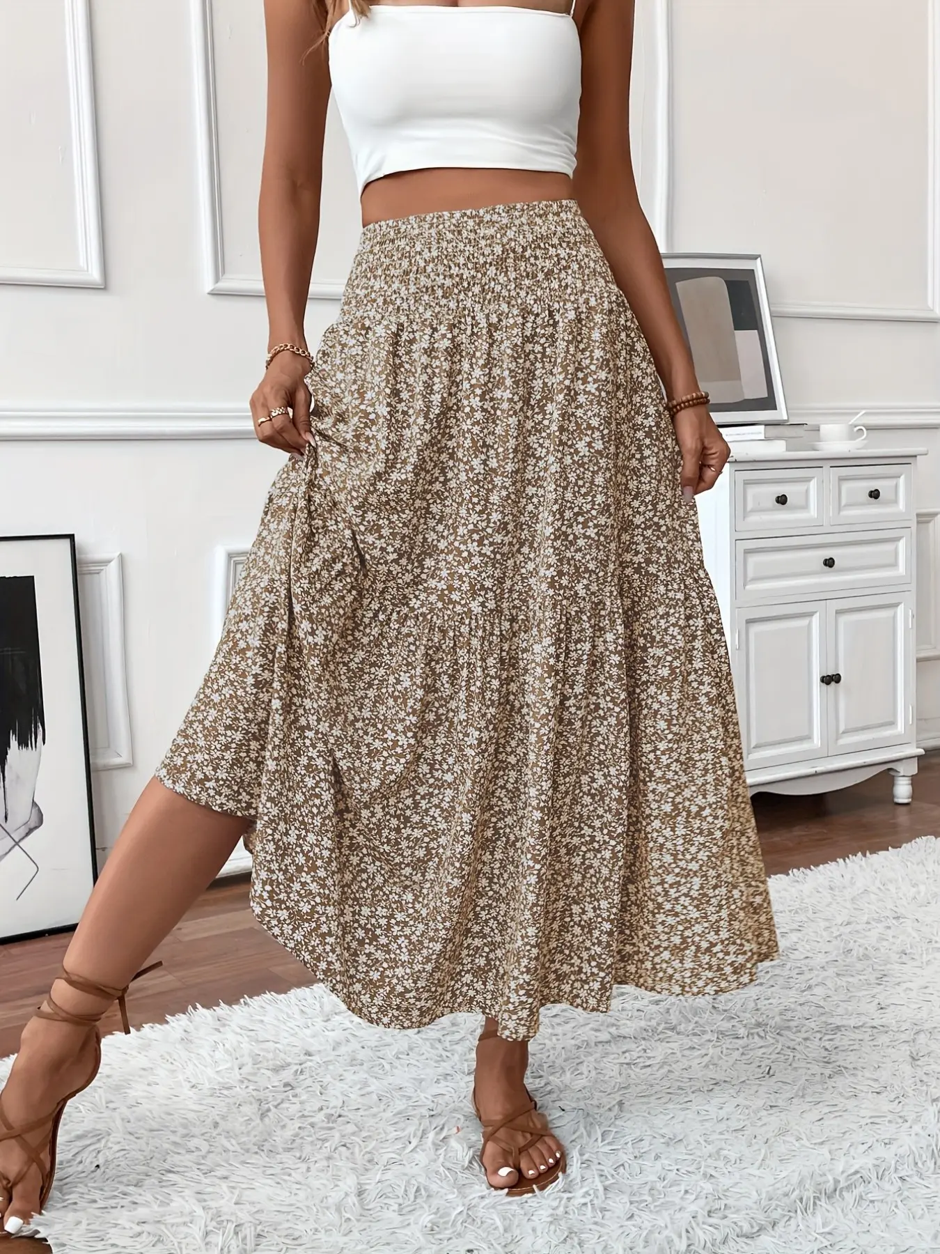 Women's Casual Feminine Boho Ditsy Floral Print Elastic Waist Pockets A-Line Skirt, Fashionable Chic Fitted Long Skirt,