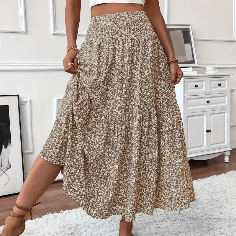 Floral Maxi Skirt with Pockets Smocked High Waist Tiered Long Balloon Skirt