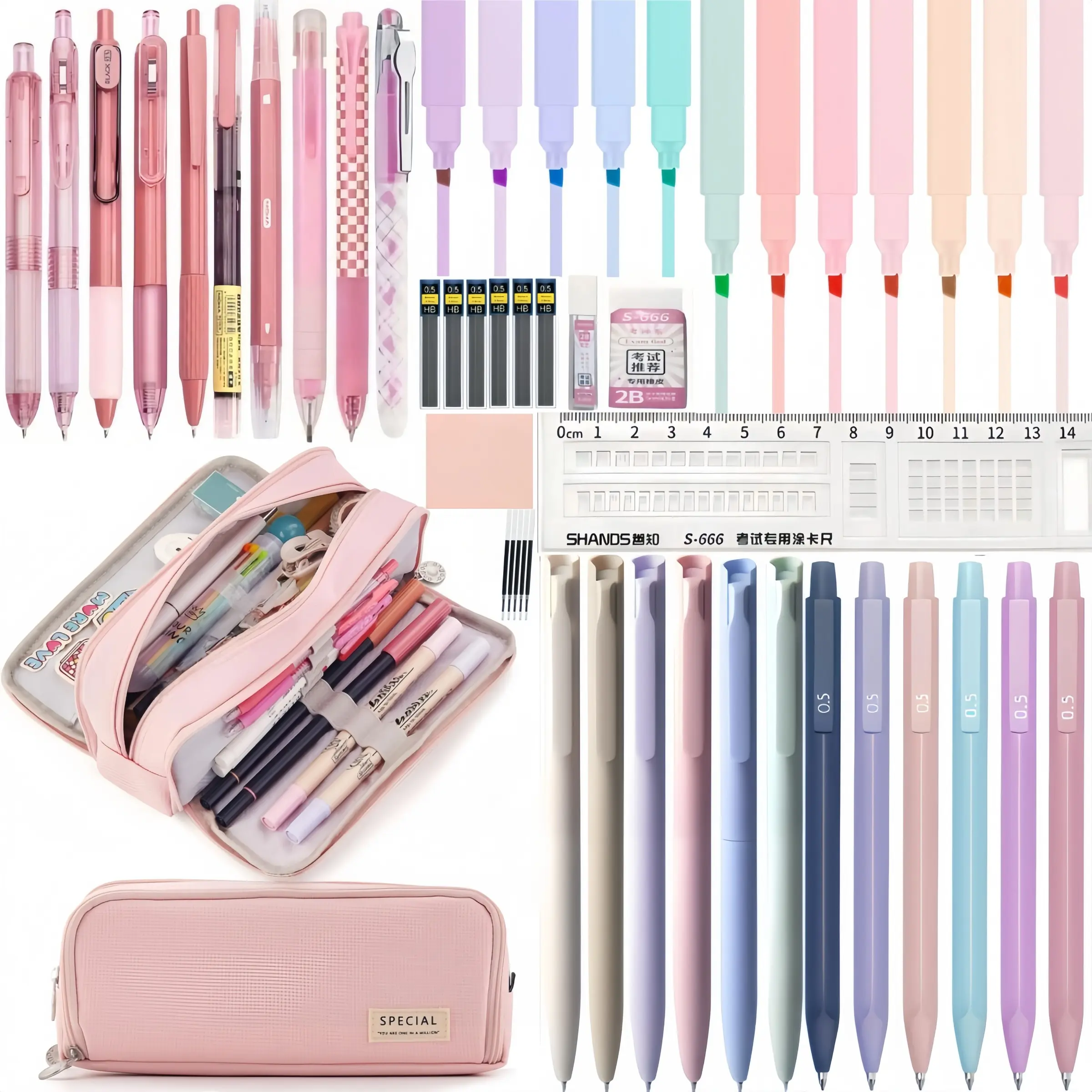50PCS Morandi stationery set,back to school,Large Capacity Pencil Case,8PCS black gel pens,Morandi 0.5mm mechanical pencil,Pastel Highlighters,sticky note,eraser,ruler,Cute Office School Supplies Gifts for Women Men,school supplies