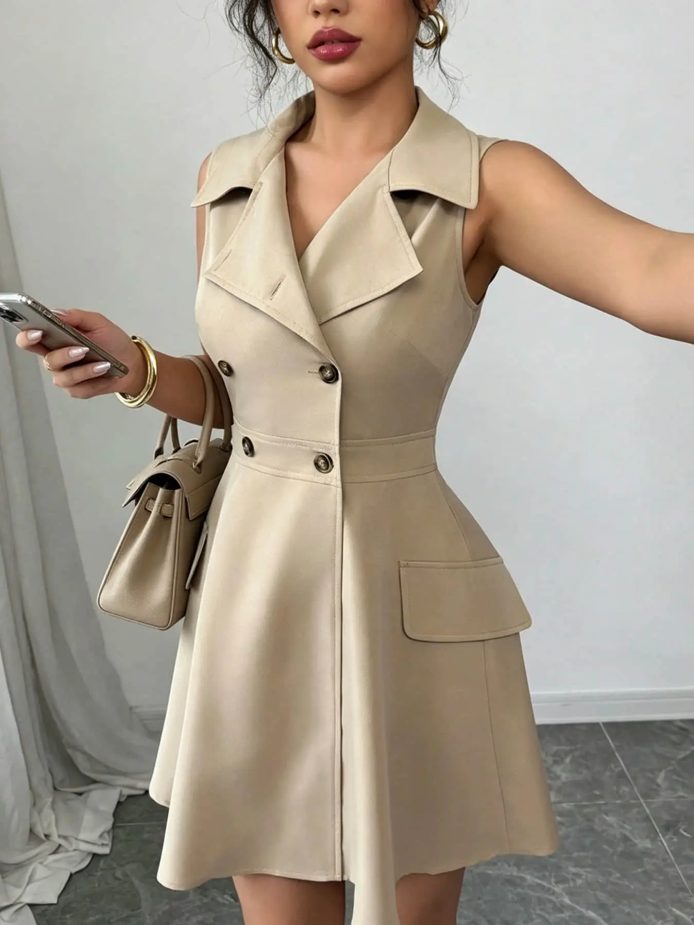 A women's fashionable khaki lapel double breasted sleeveless suit dress with a waist cinched A-line short skirt and pocket design, suitable for commuting indoor and outdoor wear Dresses With Pockets