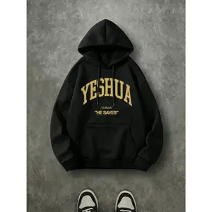 Yeshua He Saves Vintage College Hoodie, 270G Brushed Fleece Christian Faith Gold Letter Hooded Sweatshirt, Religious Inspirational Casual Streetwear Pullover For Men Women