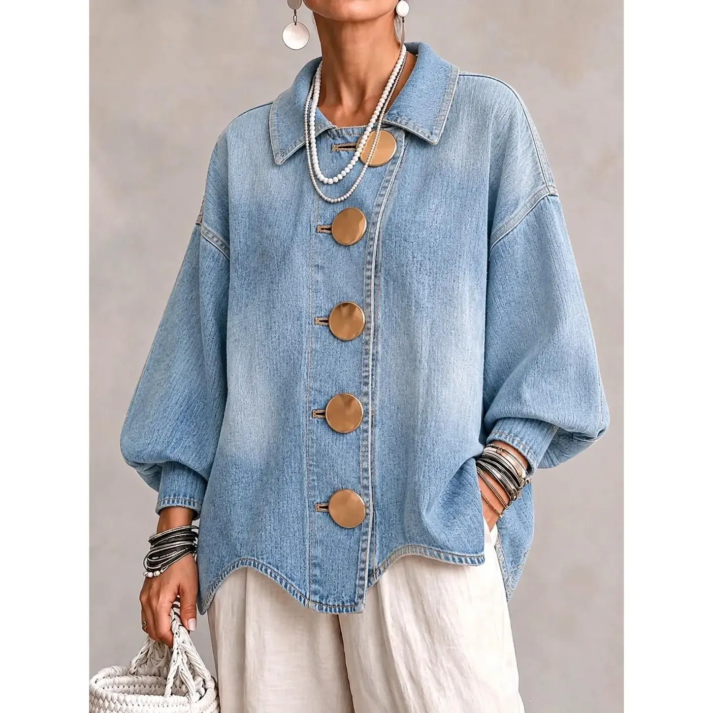 Women Lapel Oversized Denim Jacket Big Buttons Loose Casual Jean Shacket