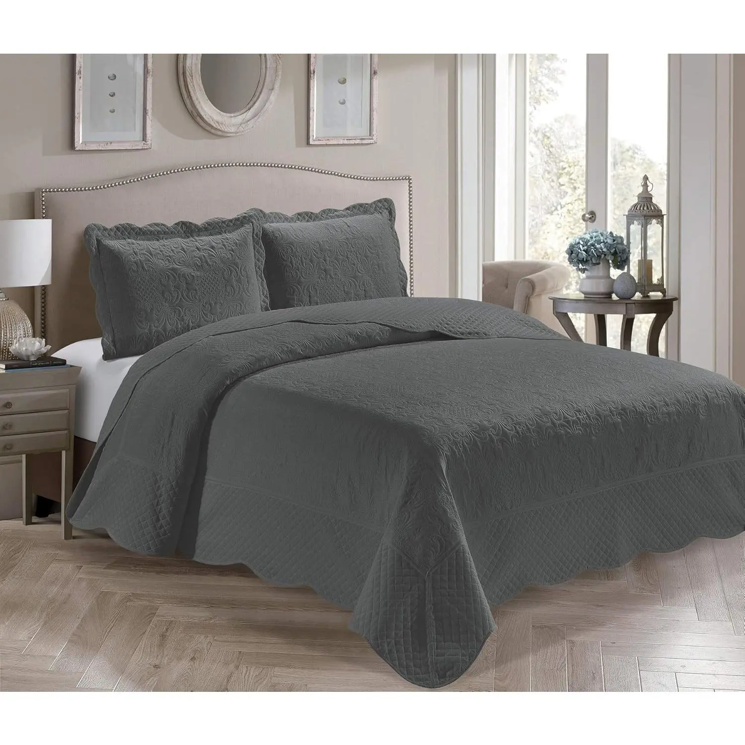 3 Piece Over Size Embossed Solid Color Coverlet Bedspread New Veronica (Charcoal, Full/Queen)