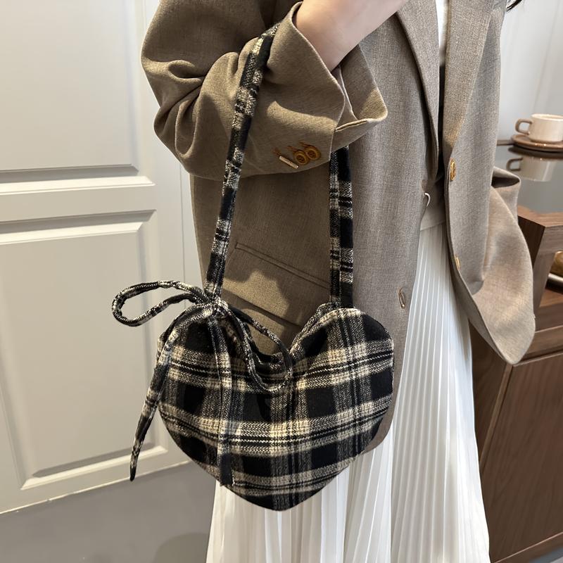 Women's Heart-Shaped Crossbody Bag with Bow and Checkered Pattern - Minimalist Handbag, Fixed Strap Magnetic Closure, Red - Elegant Daily Wallet, Bag, Versatile Fashion Accessory, Durable Fabric shoulder bags Large Soft Color Suede Kisslock Barrel