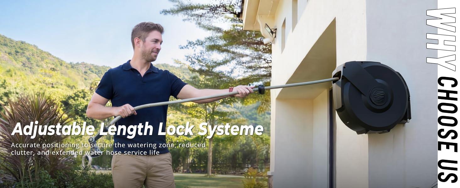 Retractable Garden Hose Reel 5/8"x100ft, 3-Ply Reinforced, High-Flow, Any Length Lock, 180 °   Swivel Bracket, Heavy-Duty Aluminum Mount, Slow Retract, Auto-Layer, 10 Spray Nozzle