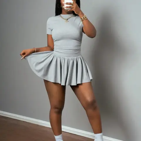 Women's Casual Summer Sports Style Round Neck Short Sleeve T-Shirt + Umbrella Skirt Set Outfit, Skirt Top Sets, Two-Piece Knit Fabric, All Seasons Clothes #GLOBAL PICKS