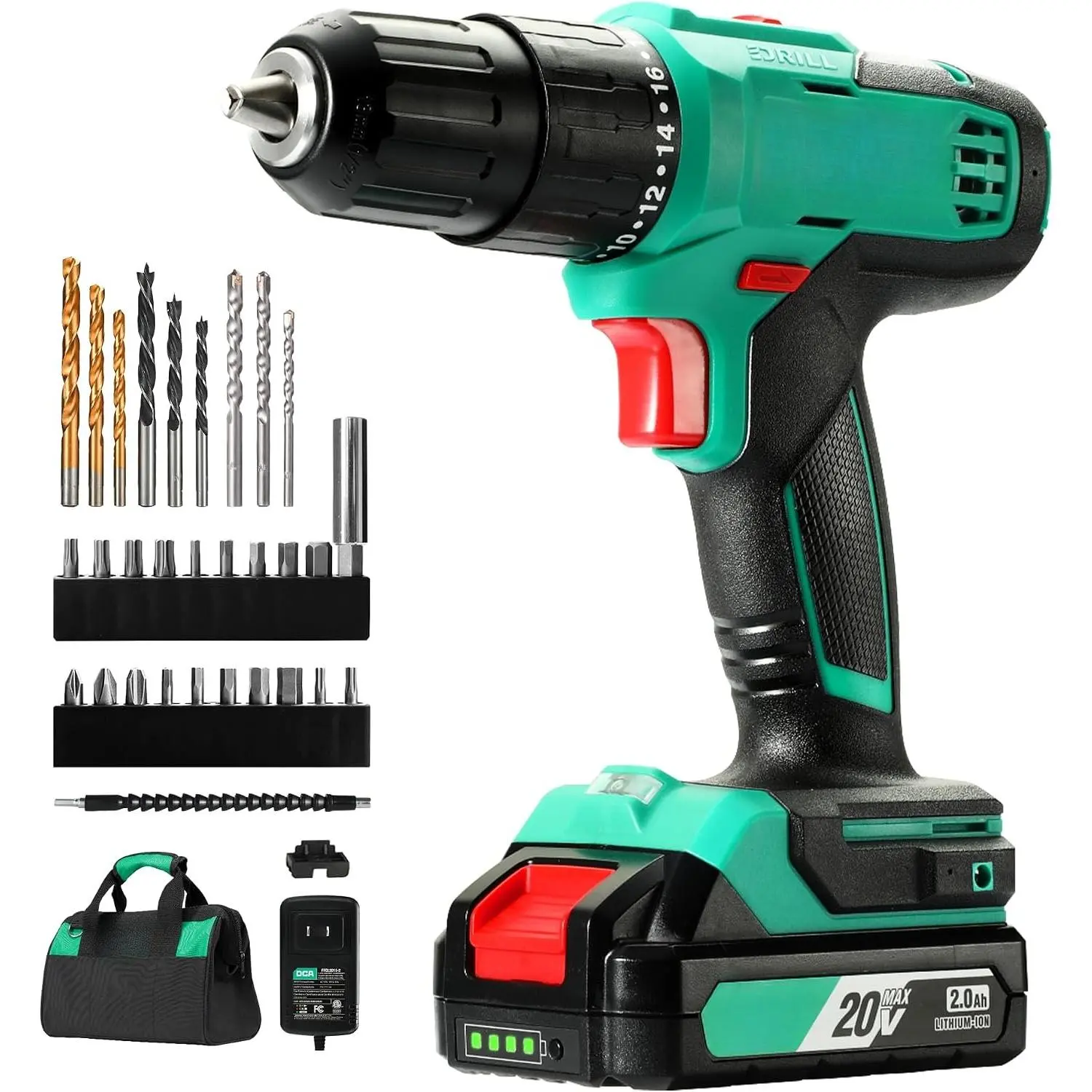 20V Cordless Hammer Drill Set, 354 In-lb Torque, 1/2" Keyless Chuck, 22500 IPM, 2 Variable Speeds, 18+1+1 Position, Power  drill with 14 Drill/Driver Bits for Brick, Metal,  ADJZ2035i13