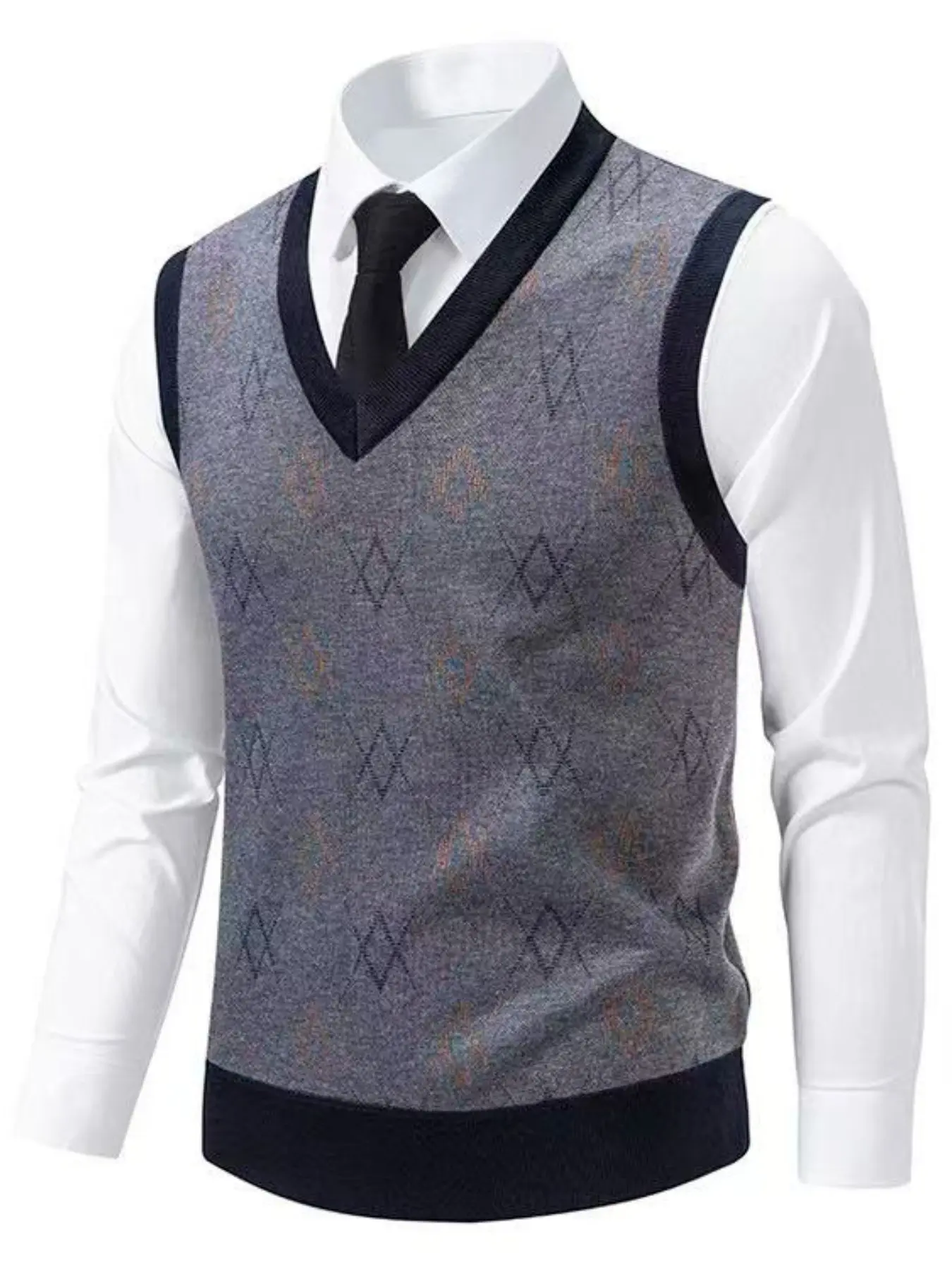 Men's V-Neck Contrast Trim  Knit Vest Sleeveless Diamond Geometric Pattern Sweater Waistcoat Business Office Formal Layering Gilet Warm Knitted Tank Top for Spring Autumn Daily Commute