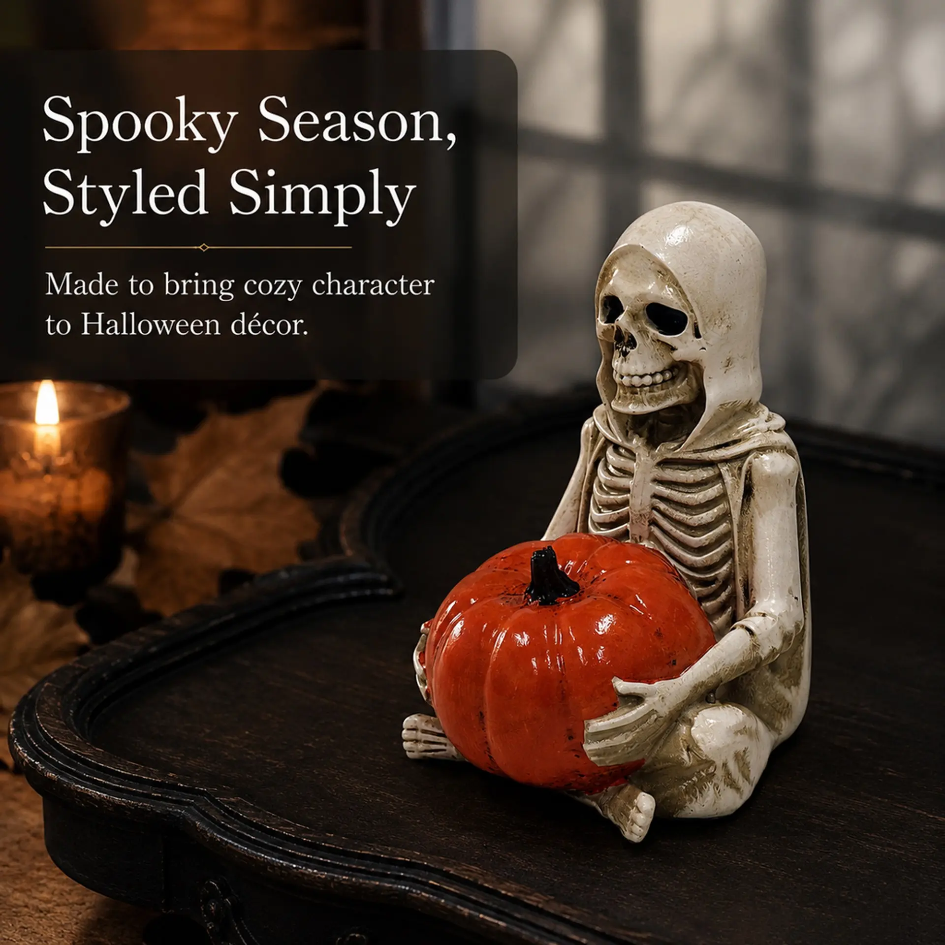 Halloween Vintage Skeleton Pumpkin Holder, Retro Bone Color Skull Decoration, Ghost Cloak Death God Frame, Halloween Window Display Ornament