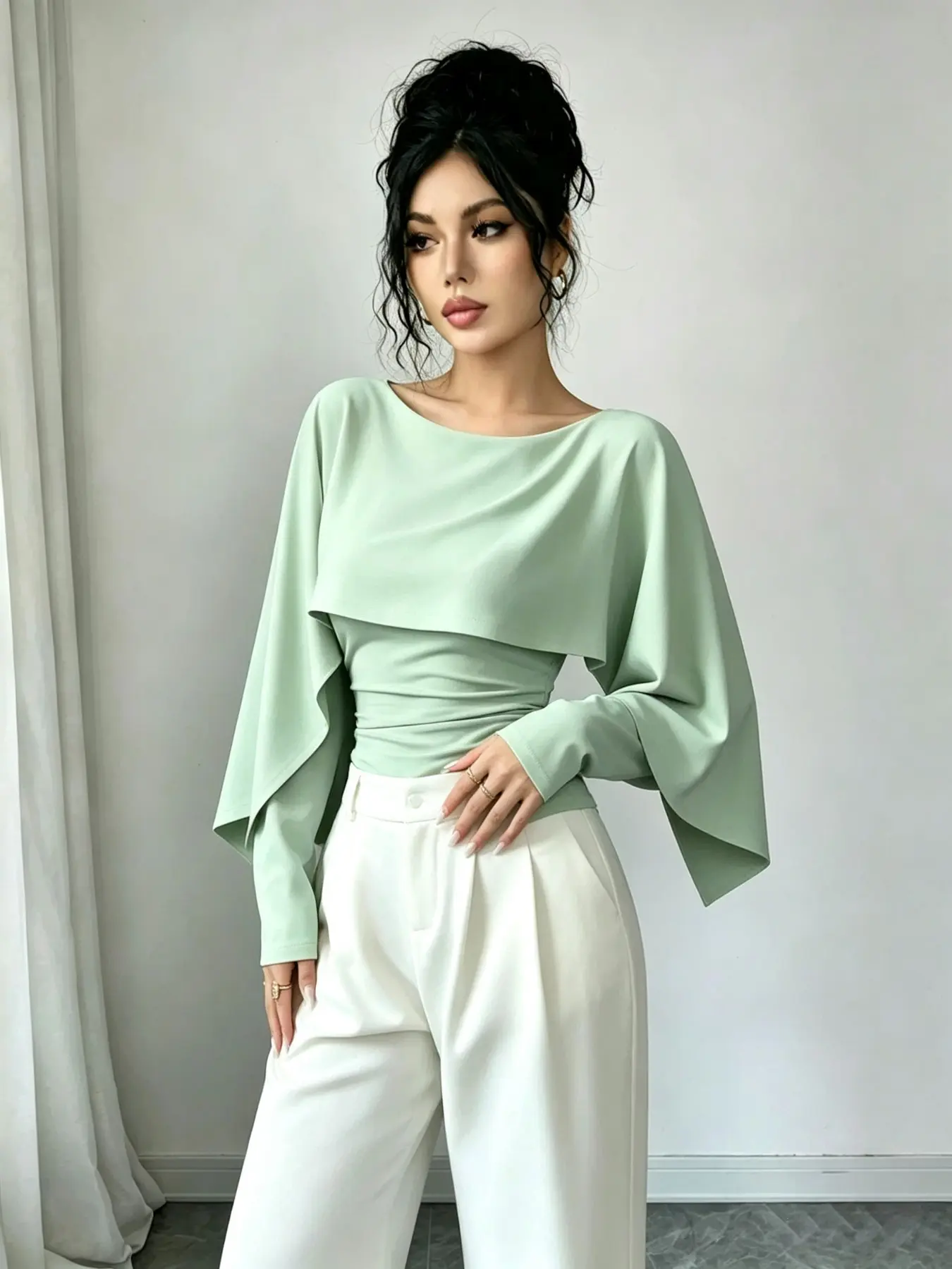 Elegant Long Sleeve Cape Coat, Multi-Color Luxury Style, Fitted Pleated Two-Piece Top, Perfect for Evening Events, Dates, Office, Parties, Outfit