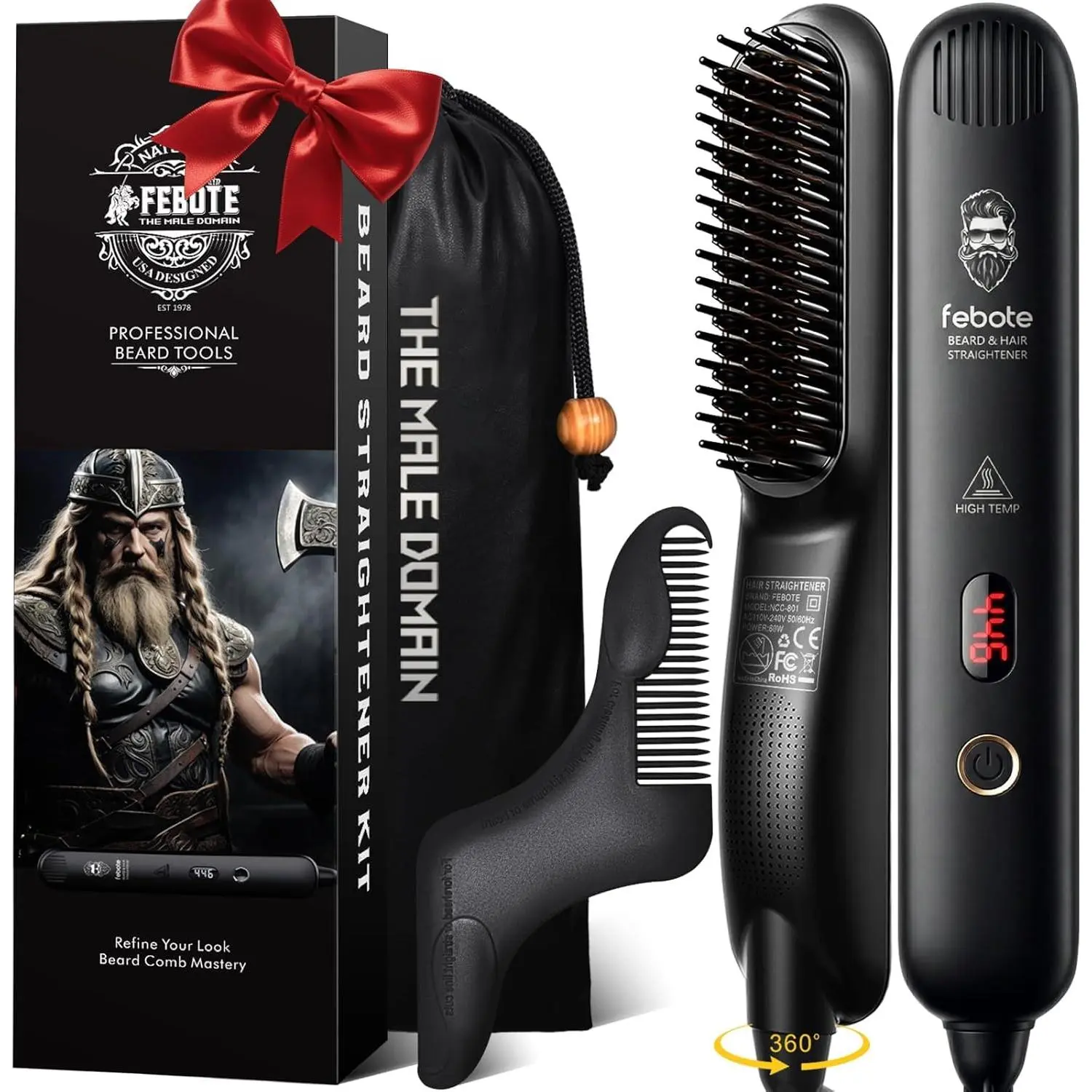 Men's Heated Ionic Hair & Beard Straightening Brush - Anti-Scalding Comb with 5 Temperature Settings for Fast Styling, Includes Travel Bag
